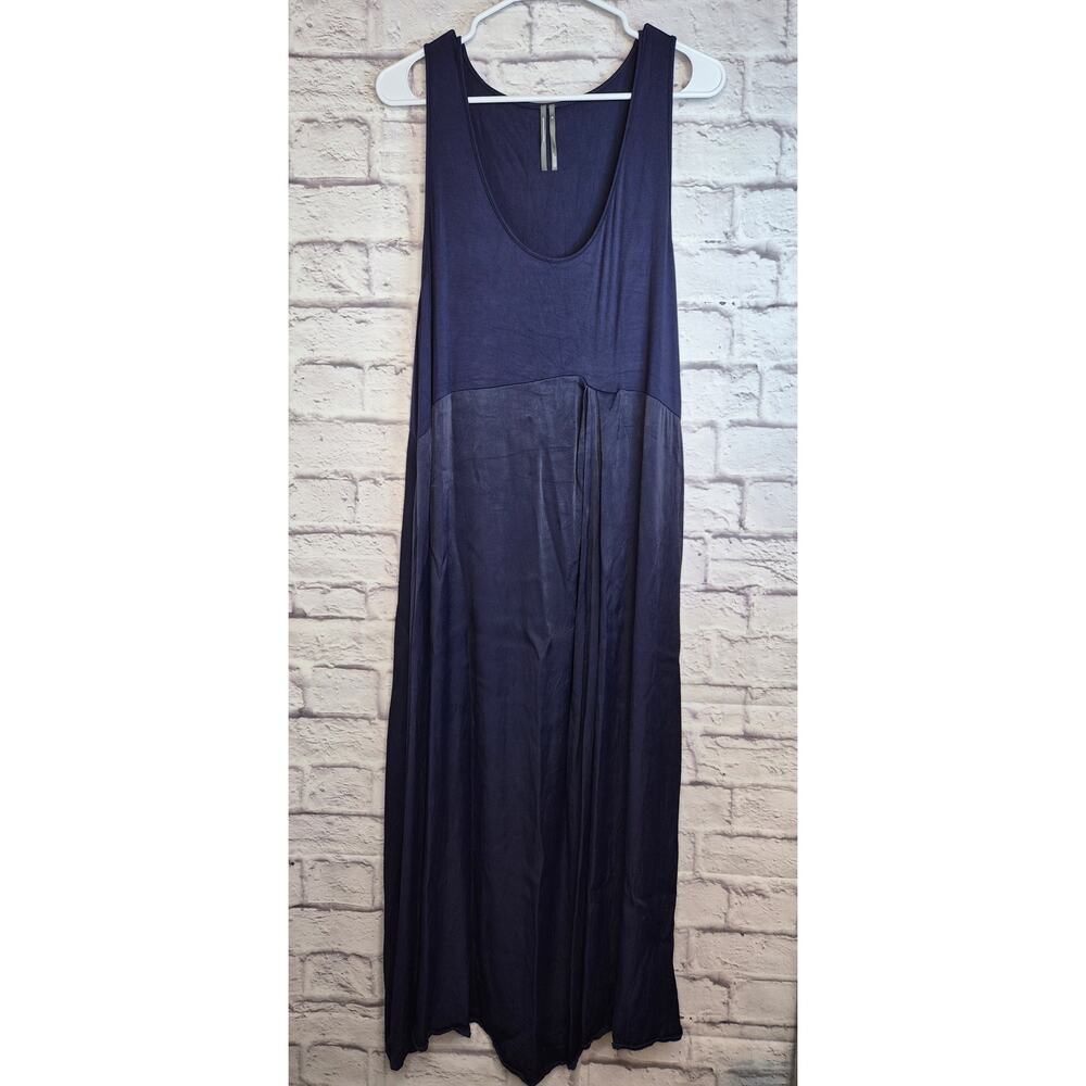Anthropologie Gemini Mixed Media Midi Dress 1X Plus Blue Tank Satin Asymmetrical - Picture 3 of 7
